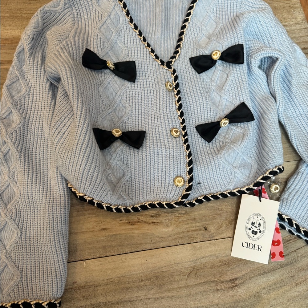 Cider Light Blue Cardigan with Navy Bows NWT.